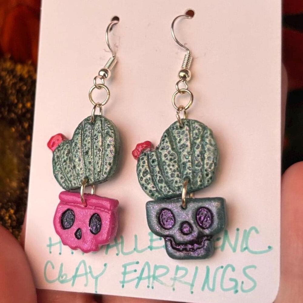 Handmade Skull Cactus Plant Earrings, Hypoallergenic, Clay Halloween Jewelry